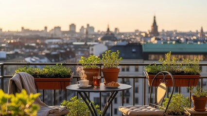 Obraz premium Rooftop balcony with cozy seating and city skyline at sunset