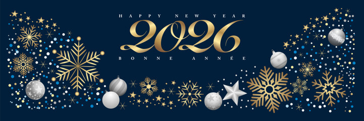 Fototapeta premium 20262026-Bannière pour la nouvelle année avec une image décorée de paillettes, boules de Noël et cristaux de glace sur un fond bleu nuit - texte français, anglais - traduction : -VŒUX-Etoile+SnowFlake