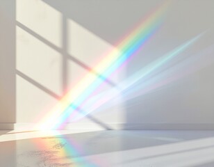 Dreamy rainbow prism light reflecting on a minimalist wall and floor, casting ethereal shadows, perfect for backgrounds or adding a touch of magic