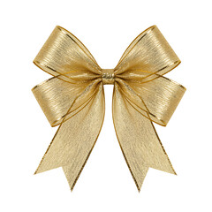 Golden bow with glitter texture, shiny festive ribbon, decorative element for gift wrapping on transparent background isolated