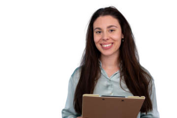 Young smiling business woman holding a clipboard, presenting information or customer service with transparent background
