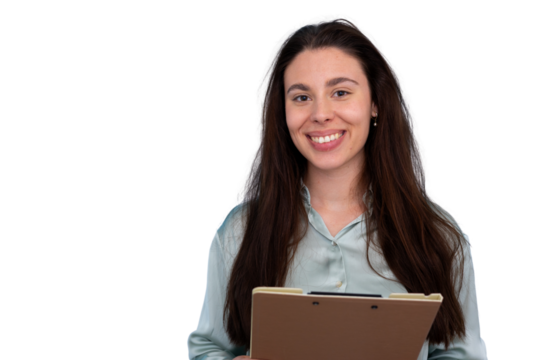 Young smiling business woman holding a clipboard, presenting information or customer service with transparent background - Powered by Adobe
