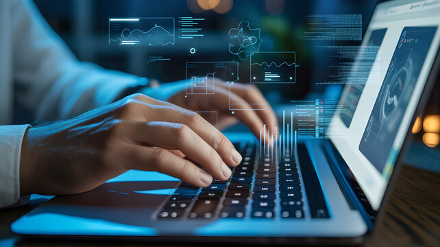 Professional hands working on laptop with data dashboard