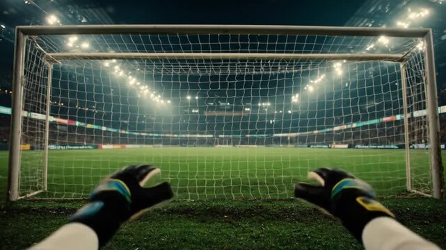 Goalkeeper view clenched gloved hands, glowing stadium lights, nets, empty pitch at night, tense.!!