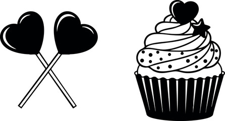 Minimalist black and white vector art of crossed heart lollipops beside decorated cupcake with heart and star toppings for valentine’s day dessert designs