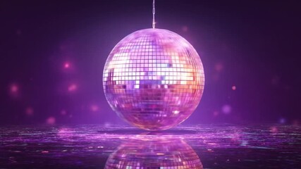 A glowing purple disco ball hangs above neon water, reflecting mosaic light and sparkles. vivid hue - Powered by Adobe
