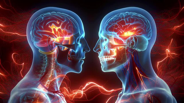 two human heads in profile facing each other, showing the glowing, networked brains and central nervous systems with intense electrical energy arcs between them, symbolizing telepathy, communication