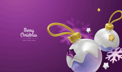 Elegant 3D Christmas background with golden baubles and soft bokeh on purple, perfect for festive greetings, banners, and social media