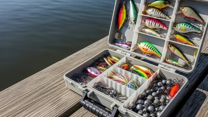 Colorful fishing tackle box with lures and hooks by waterfront