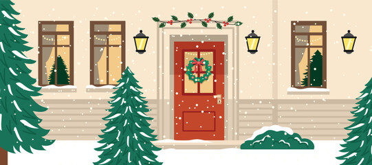Festive Winter Home Entrance with Christmas Decorations and Snow. Door house. Snowy Season House Exterior
