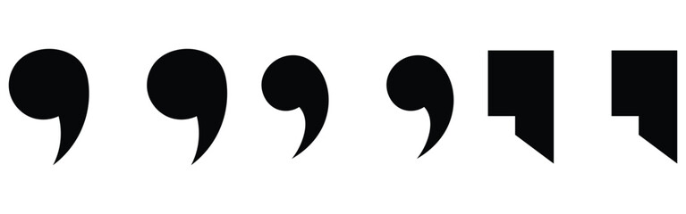 Black dark isolated modern inverted commas icon set on white background. Set of different comas icons. Flat comma silhouette icons set. EPS 10. 