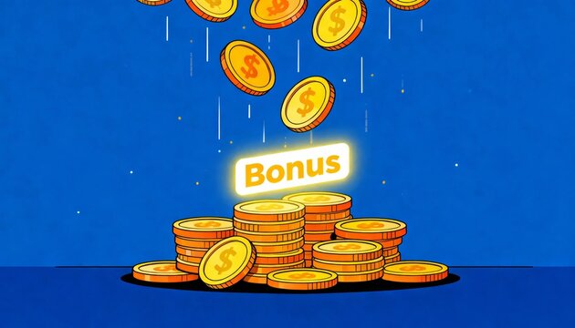 A vibrant illustration of gold coins dropping onto a pile, highlighting the word "Bonus" in a bright, eye-catching manner.