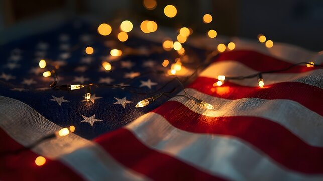 United States flag with Lights: A vibrant depiction of the American flag draped and illuminated by soft, inviting lights, creates a festive and patriotic scene. 