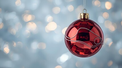 Festive Ornament in Holiday Glow: A solitary, shimmering red ornament suspended gracefully, embodying the heart of holiday spirit amidst a soft, dreamy bokeh background.