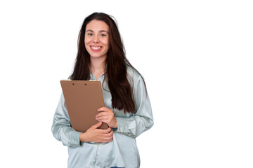 Fototapeta premium Smiling woman holding clipboard, offering survey or feedback form with cheerful expression, transparent background