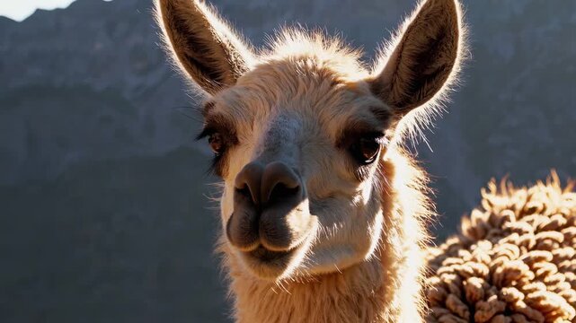This delightful video features a charming llama in its natural habitat, showcasing its expressive face and fluffy fur. The serene landscape enhances the peaceful moment captured.