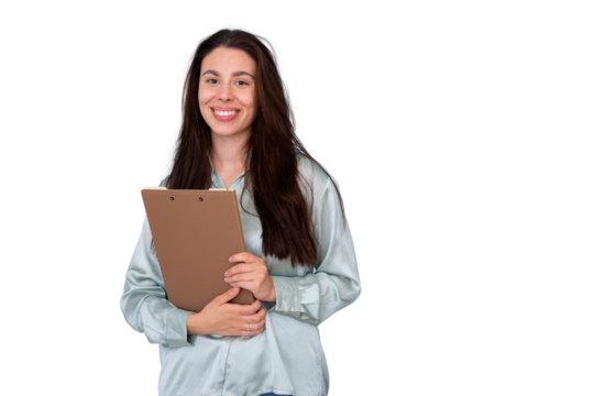 Smiling woman holding clipboard, offering survey or feedback form with cheerful expression, transparent background