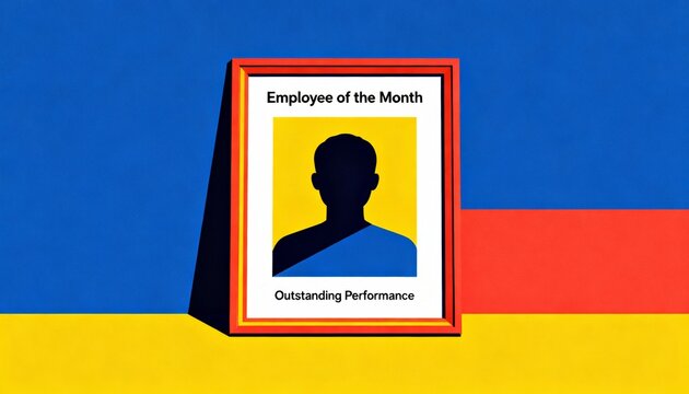 A colorful illustration featuring a framed "Employee of the Month" award highlighting outstanding performance, set against a vibrant background.