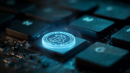 Ultra HD Glowing blue bitcoin symbol on a microchip or computer processor in a dark, futuristic technology setting video - Powered by Adobe