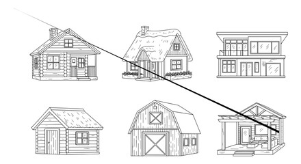 Fototapeta premium Collection of hand-drawn house and cabin sketches in black and white