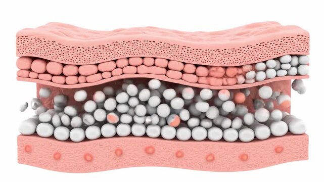A 3D cellular animation of psoriasis showing skin cell overproduction