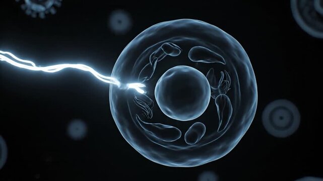 A 3D animation of a virus infecting a human cell and hijacking its nucleus