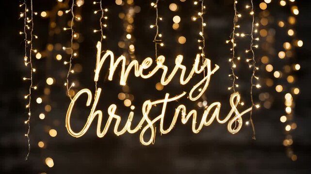 Illuminated Merry Christmas text sign hanging with string lights festive holiday decoration for seasonal greetings and festive celebrations