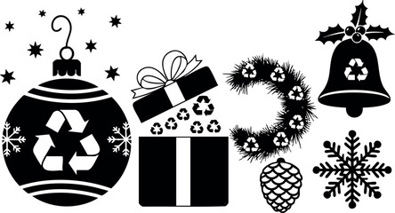 Minimalist black and white vector art of recycling symbol christmas bauble, gift box, wreath and bell icons promoting eco friendly holiday decorations and sustainable festive season design