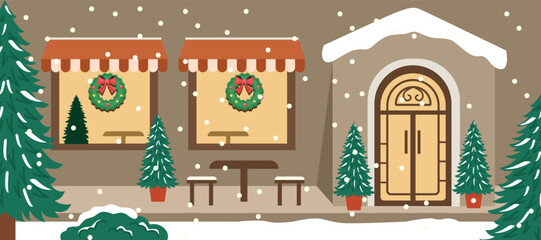 Naklejka premium Snowy Christmas Cafe Front with Festive Decor. Cafe house. Cozy corner cafe. Winter season cafe. Coffee shop.