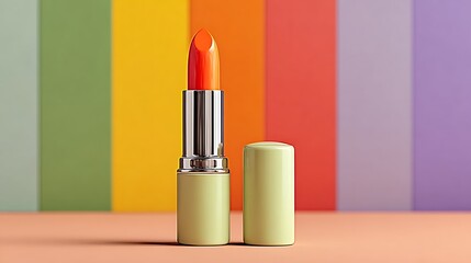 Vibrant orange lipstick adds a pop of color to your makeup routine with a modern and playful aesthetic on a bright, colorful background
