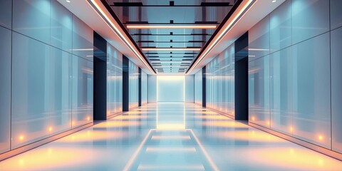 Sleek, glowing corridor with advanced architectural details, futuristic city, tunnel