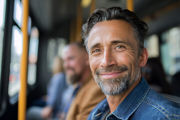 Confident middle-aged man smiling on a city bus, friendly commuter portrait with salt-and-pepper beard, warm eyes and relaxed urban lifestyle vibe