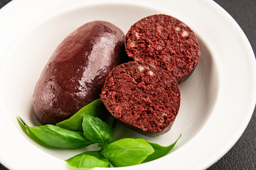 Black pudding blood sausage dish natural product tasty snack fresh delicious gourmet food background on the table rustic top view copy space