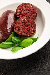 Black pudding blood sausage dish natural product tasty snack fresh delicious gourmet food background on the table rustic top view copy space