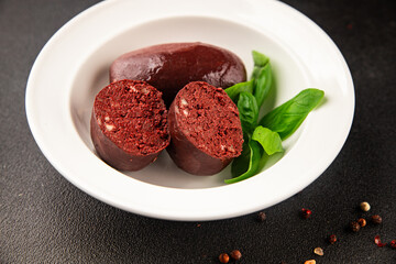 Black pudding blood sausage dish natural product tasty snack fresh delicious gourmet food background on the table rustic top view copy space