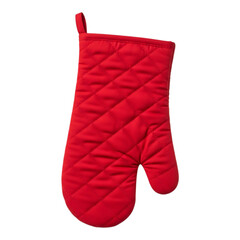 Bright red quilted oven mitt against a black background