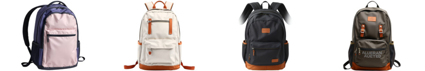 Naklejka premium Four modern backpacks Varied colors blue pink cream black olive green Multiple pockets adjustable straps visible isolate