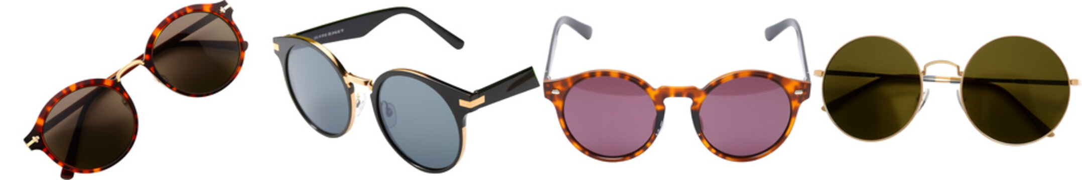 Four pairs of modern sunglasses with varied frame materials and lens colors displaying different styles isolate