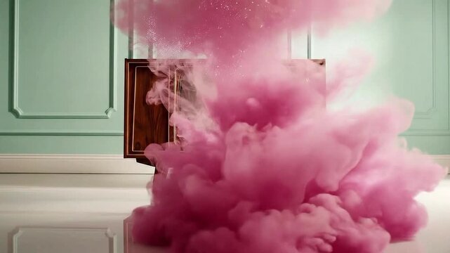 Retro TV emitting vibrant pink smoke in a stylish room, a surreal and dynamic concept for entertainment or creative media projects, visually striking