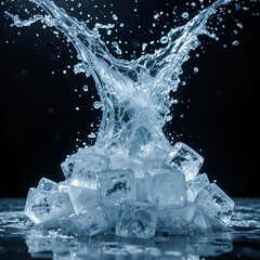 Frozen blue transparent ice cubes falling on black background with water splashes.