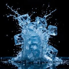 Frozen blue transparent ice cubes falling on black background with water splashes.