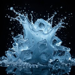 Frozen blue transparent ice cubes falling on black background with water splashes.