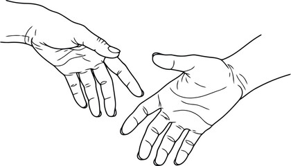 Line Art Drawing of Two Hands Reaching Out, Isolated on White Background