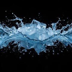 Frozen blue transparent ice cubes falling on black background with water splashes.