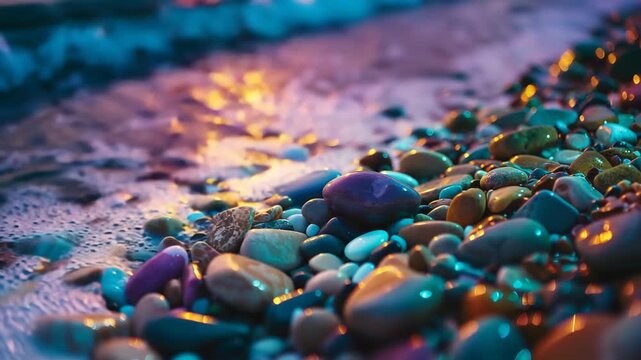 Ultra HD Close up of colorful wet pebble stones on a beach shore with gentle sea wave wash at sunset or sunrise video