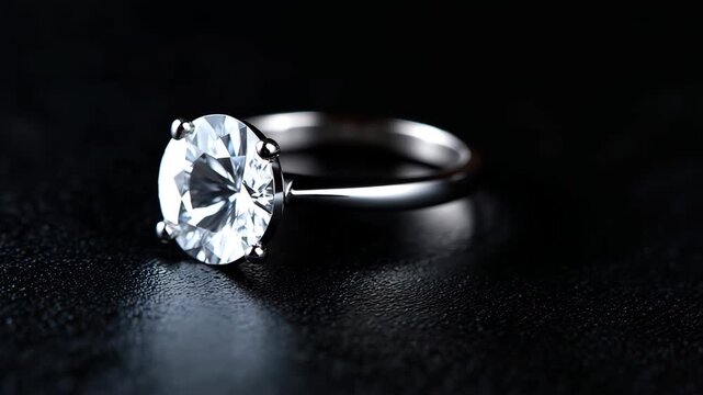 Ultra HD Close up of a brilliant cut diamond solitaire engagement ring set on a dark textured surface with dramatic lighting video