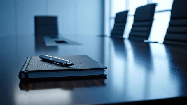 Professional business meeting setup with notebook and pen ready for important decisions and strategic planning in a modern office conference room