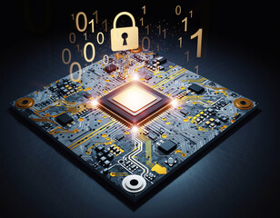 A microchip emits digital binary code and a lock icon, symbolizing cybersecurity and data protection, data protection in IT, data prptection concept, data protection background, security lock,