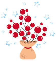 Vibrant New Year's composition surrounded by blue stars. Viburnum branch with round red berries is wrapped in kraft paper. Frosty winter contrast: hot ruby-colored berries and cold precipitation