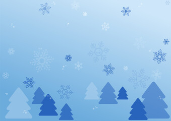 Horizontal winter background featuring fir tree silhouettes with snowflakes. Vector banner featuring frosty precipitation on blue gradient with copy space. A4 format for presentations and printing.